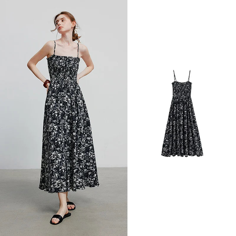 Robe femme mi-mollet été A-Line sans manches à bretelles spaghetti motif floral