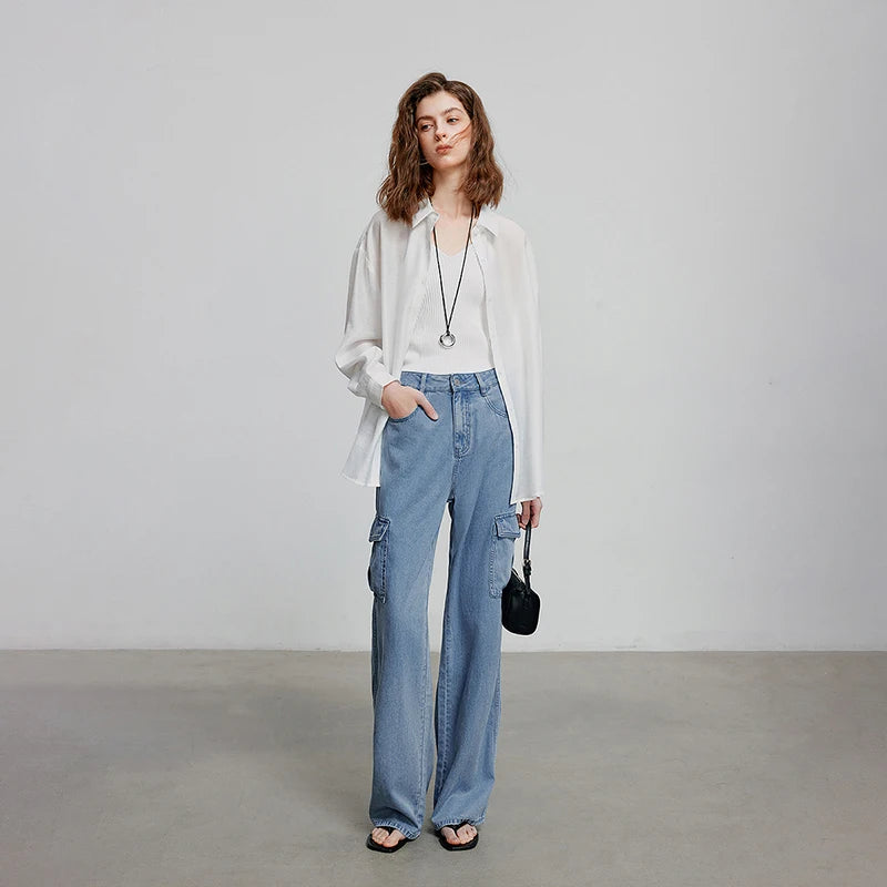 Jean long femme coupe droite été