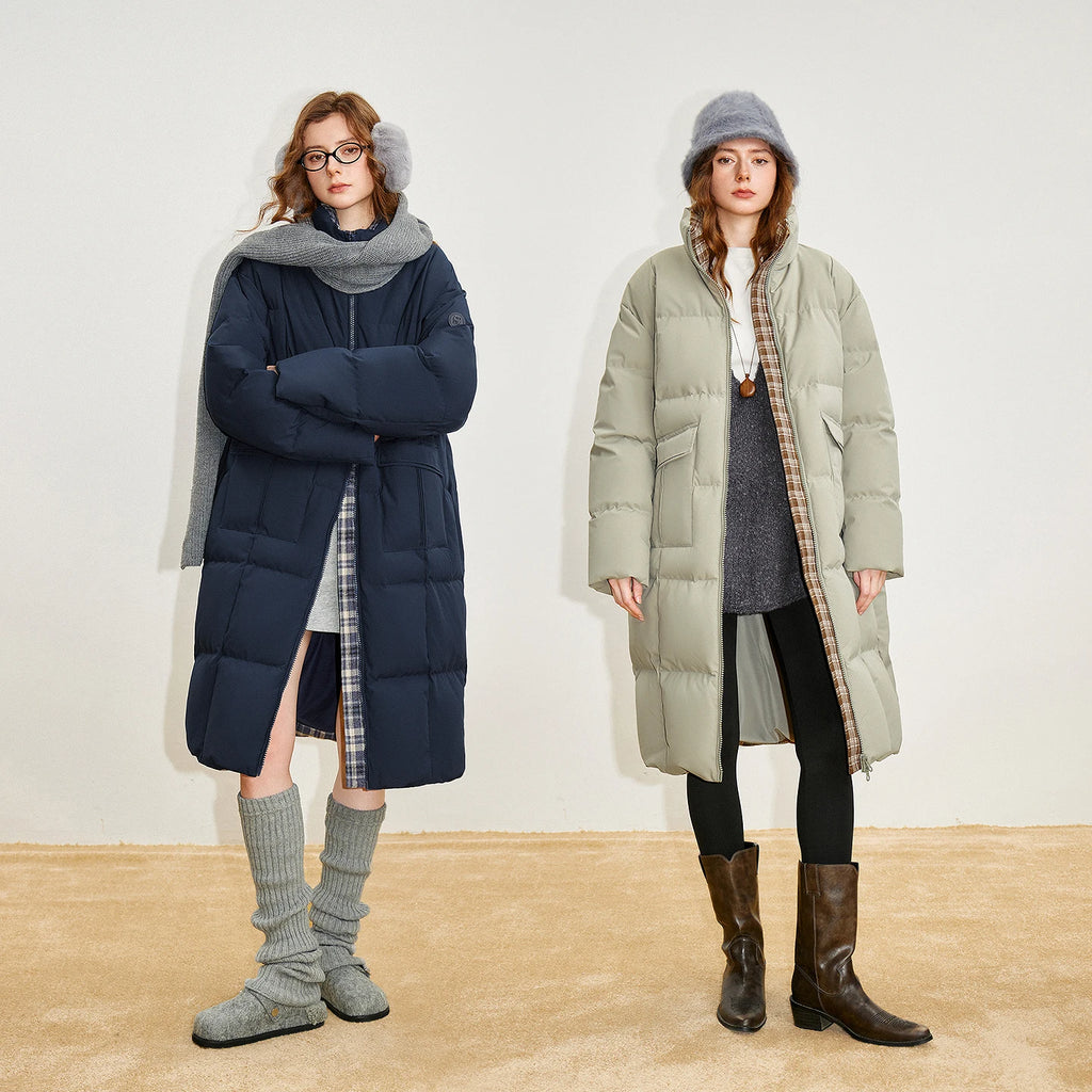 Doudoune Femme – Remplissage Haute Densité, Coupe Loose Longue, Motif Plaid Épais