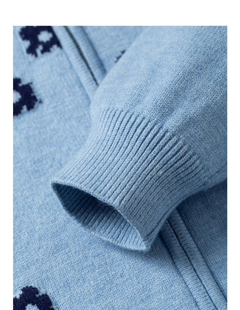 Pull Femme  – Col Montant Zippé, Motif Aster Vert