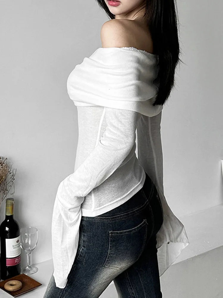 T-shirt Col Asymétrique, Manches Longues, Style Vintage Off-Shoulder