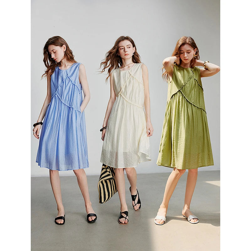 Robe femme mi-mollet été A-Line sans manches col rond à laçage