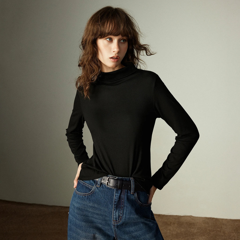 T-shirt Femme – Col Mi-Haut, Couleur Unie, Matière Douce et Confortable