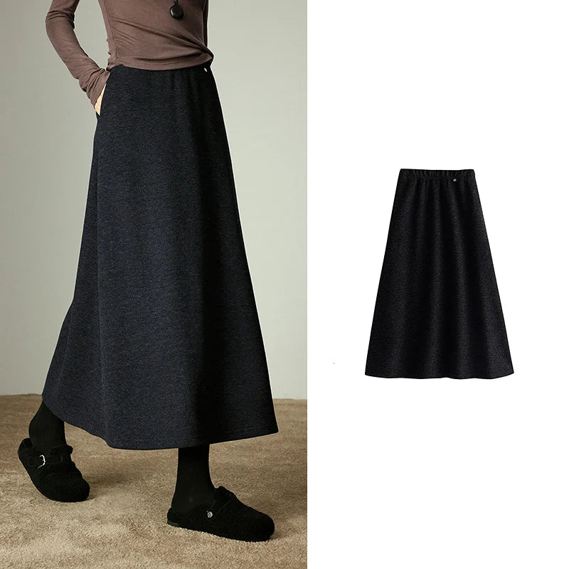 Women's Black Midi Skirt – Elastic Waist, A-Line Umbrella Cut, Elegant Wool & Acetate
