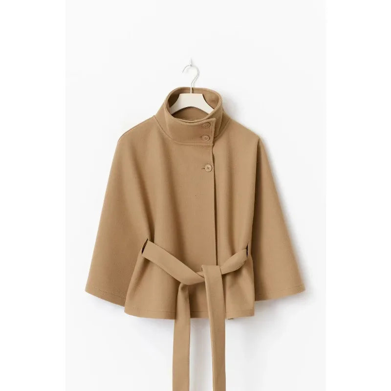 Elegant Short Cape Coat with Belt
