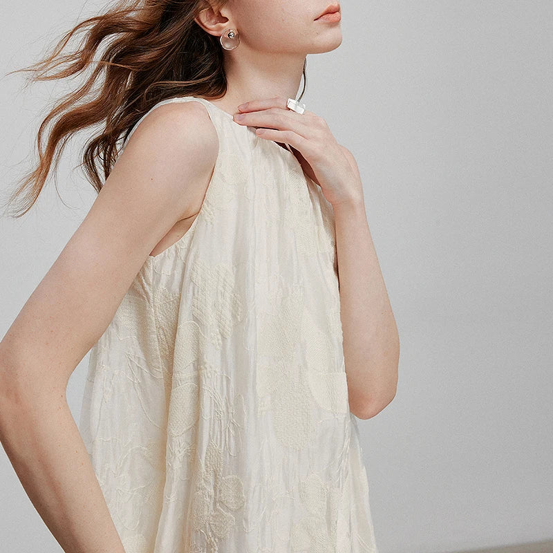 Women's A-Line Mid-Calf Summer Dress, Sleeveless, Round Neck, Embroidered