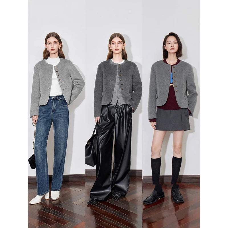 Manteau Femme – Laine Douce, Col Rond, Boutonnage Simple, Manche Longue Gris