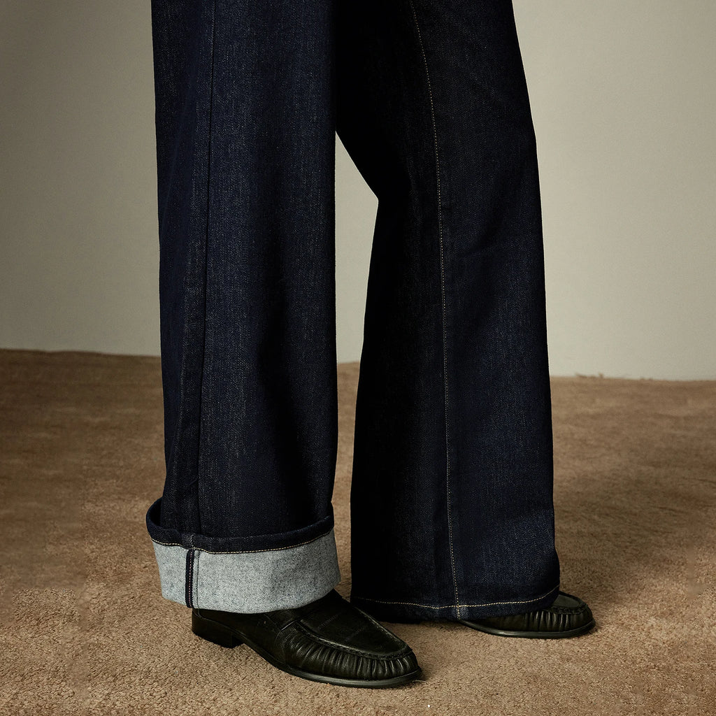 Jeans Large Femme Laine Mélangée, Taille Mi-Basse, Style Rétro