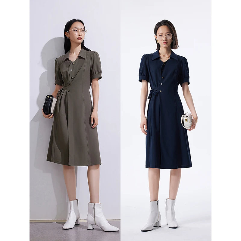 Women's dress with lace-up belt, shirt collar, and puff sleeves, navy blue