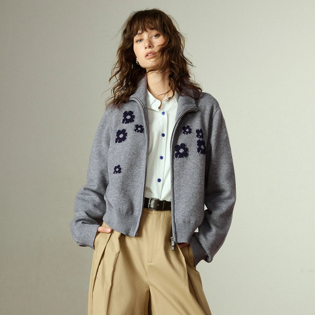 Women's Sweater – High Neck with Zip, Green Aster Pattern