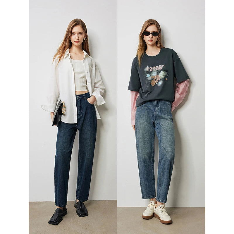 Jean femme taille haute élastique coupe harem longueur cheville