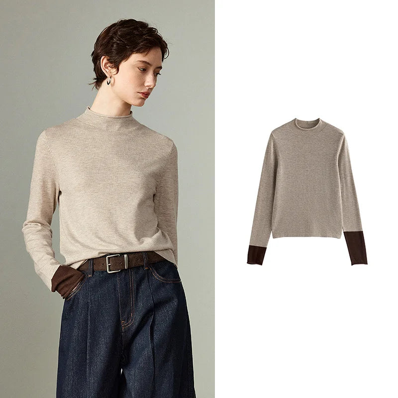 Damenpulli – Halbhoher Kragen, Slim Fit, Color-Block Bernstein, Wärme-Baselayer