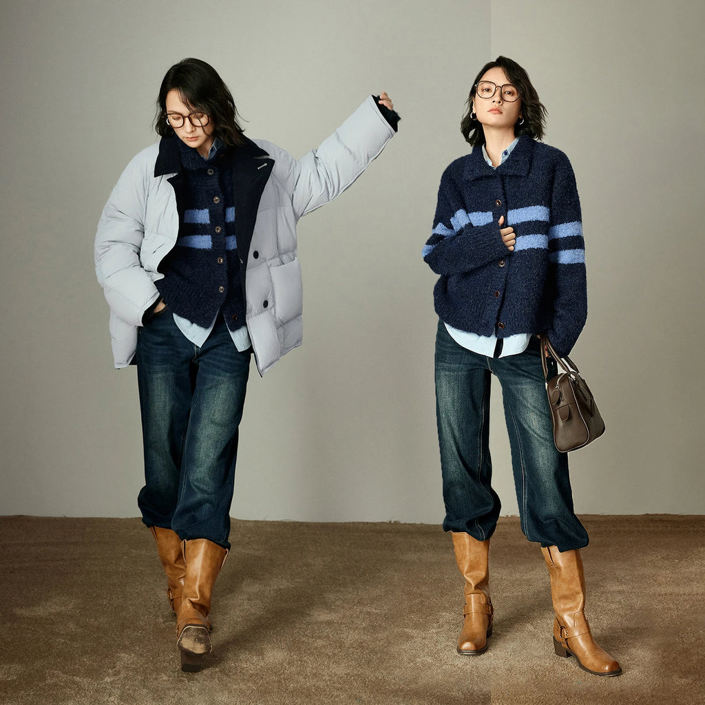 Cardigan Femme – Col Haut, Rayures Vintage, Laine Nuage