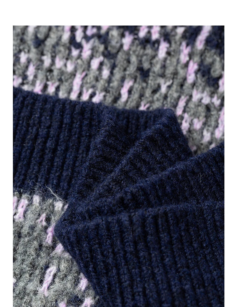 Pull Femme – Col V, Motif Fair Isle Rayé, Maille Douce Type Cachemire Mi-longue