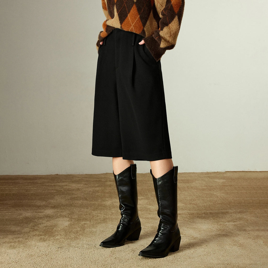 Pantalon Capris Femme – Jambe Large Plissée, Laine Mélangée, Élégant et Confortable