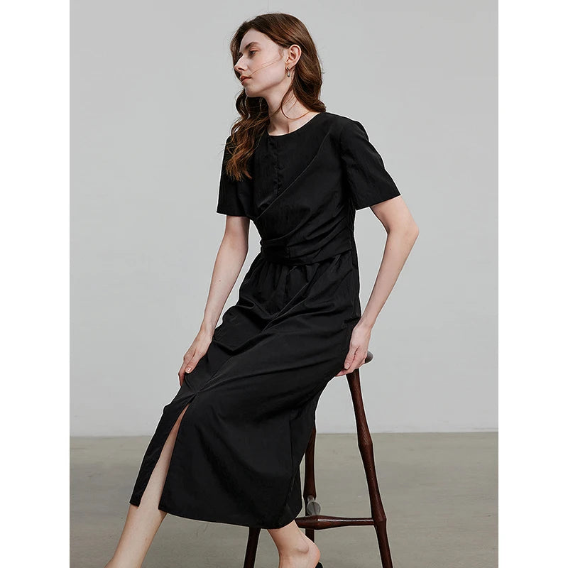 Robe femme mi‑mollet été A-Line manches courtes col rond