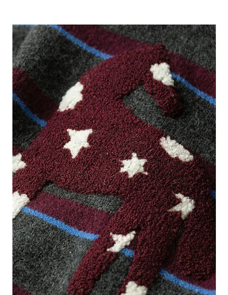 Vintage Damenpullover – Streifen & Stern- und Pferde-Stickerei, Rundhalsausschnitt
