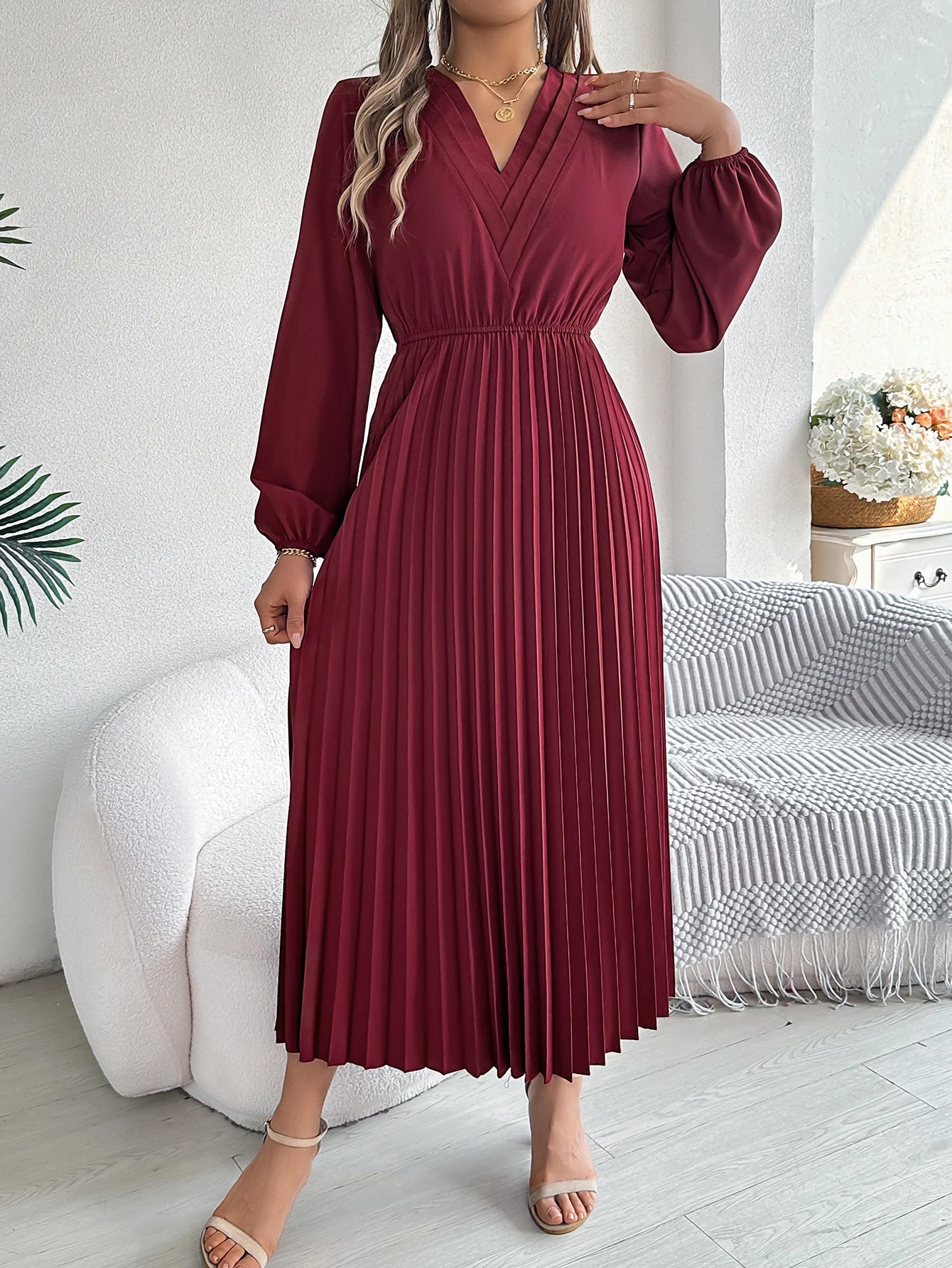 Robe Maxi Élégante pour Col V, Taille Haute, Plissée