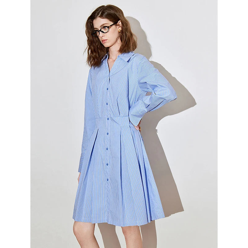Women's pleated spring dress with shirt collar, long sleeves, mid-knee length