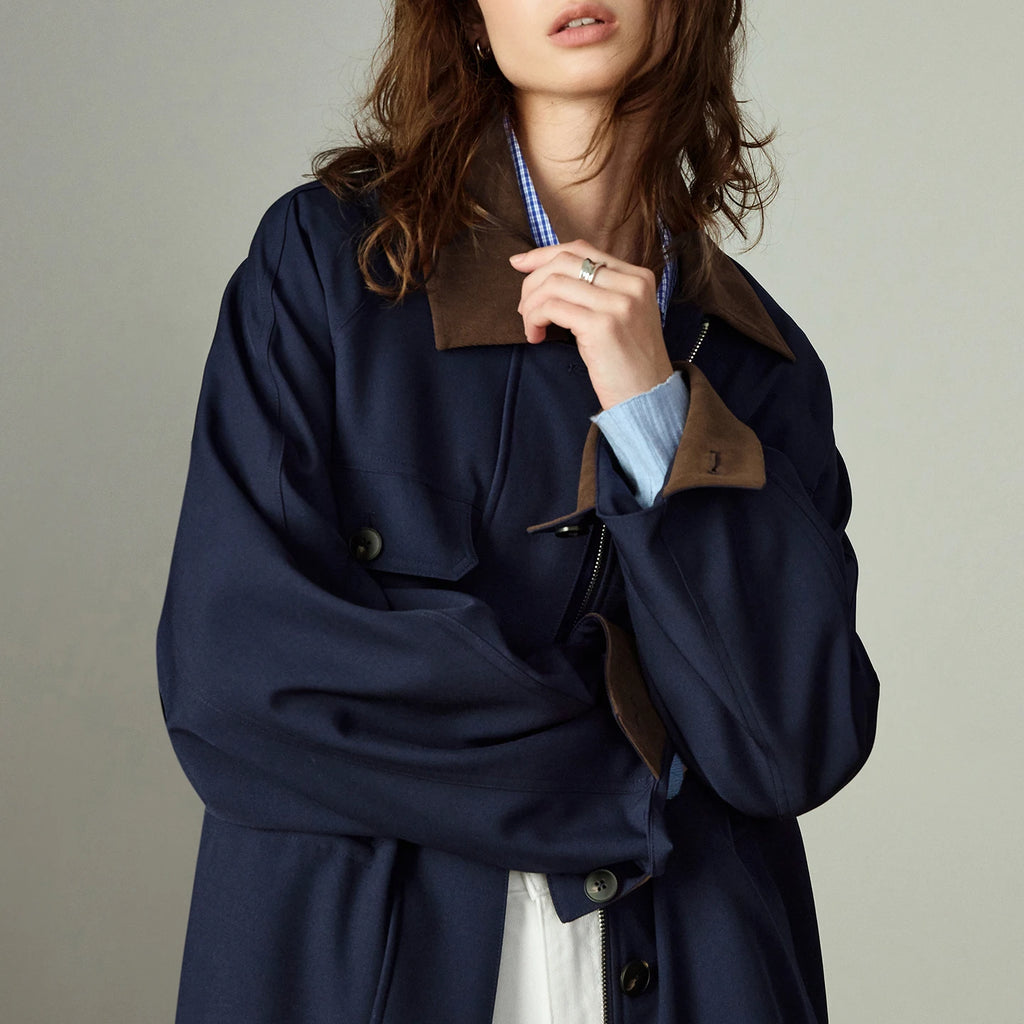 Veste Femme – Color-block Rétro, Col Revers, Taille Cinchée, Coupe Mi-longue Cargo