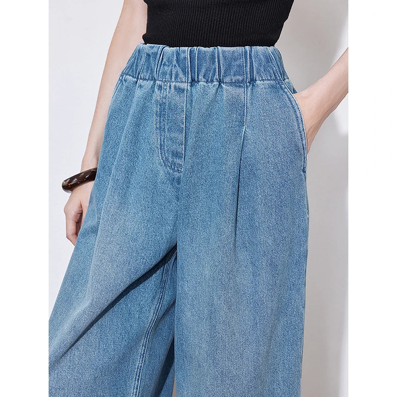Jean femme taille élastique coupe droite large longueur longue