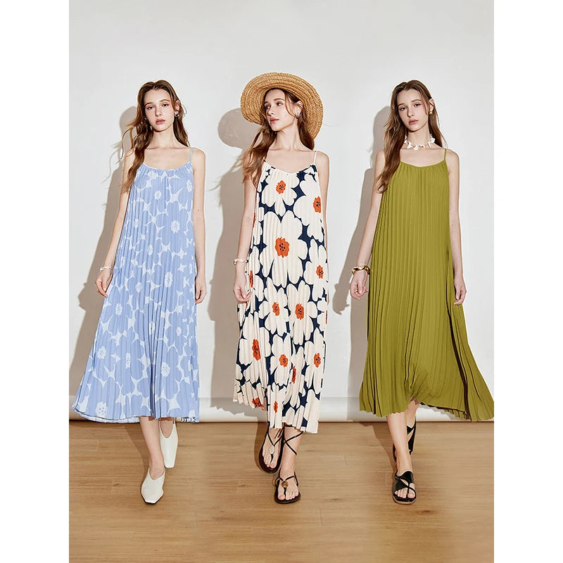 Robe femme mi-mollet été droite à bretelles spaghetti motif floral