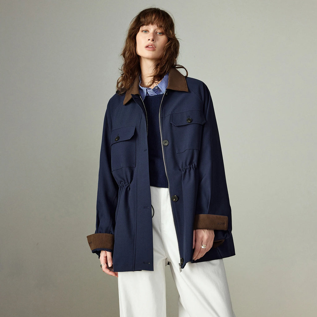 Veste Femme – Color-block Rétro, Col Revers, Taille Cinchée, Coupe Mi-longue Cargo