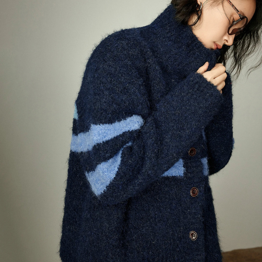 Cardigan Femme – Col Haut, Rayures Vintage, Laine Nuage
