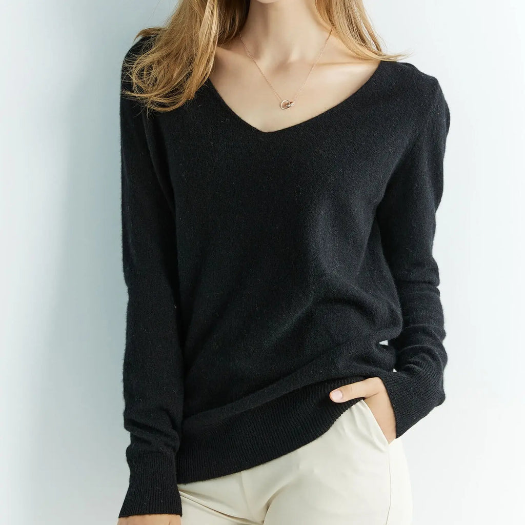 Pull en cachemire – 100 % laine mérinos, col V, manches longues