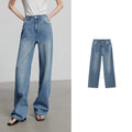 Damen-Jeans, hohe Taille, weites Bein mit Stickerei