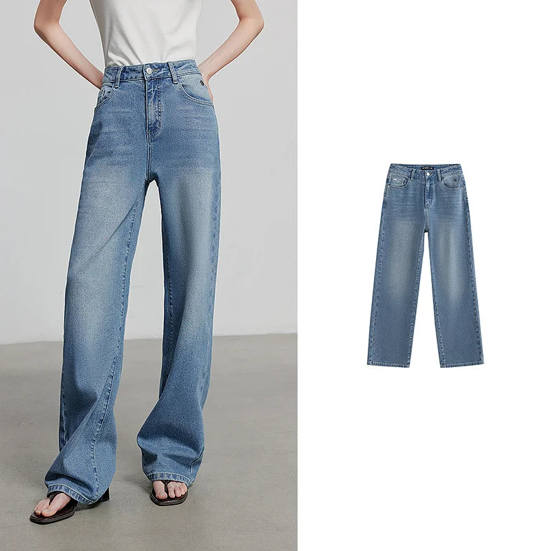 Jean femme taille mi-haute coupe large avec broderie