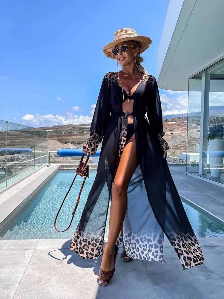Ensemble Kimono à Imprimé Léopard Grande Taille en Chiffon - Tunique de Plage Longue à Manchettes