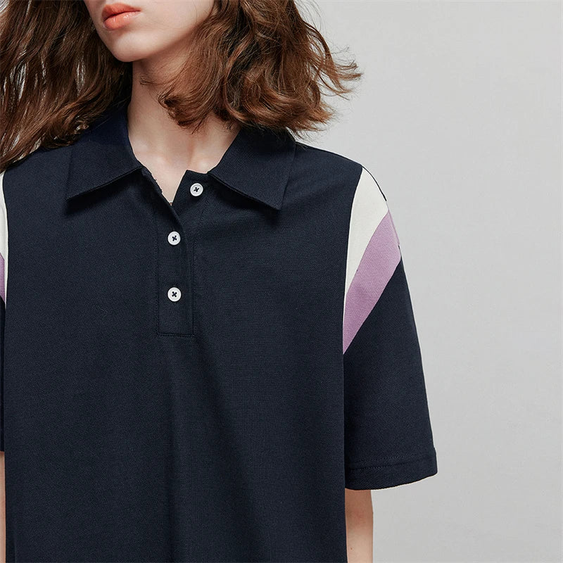 Damenkleid knielang Sommer Preppy-Stil Patchwork Kurzarm