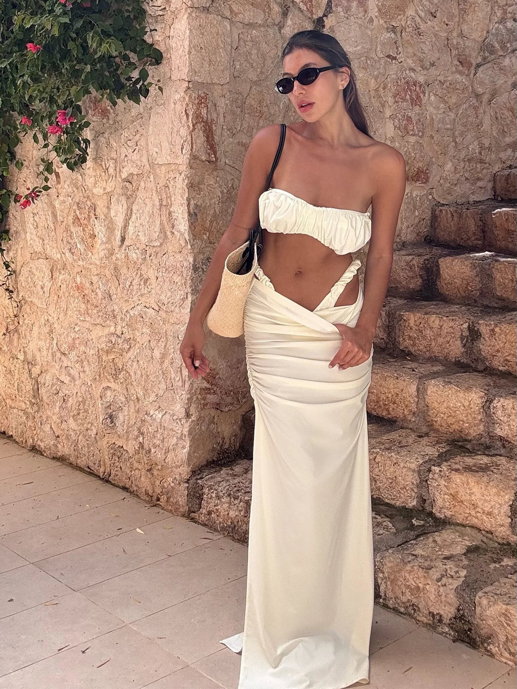 Bikini 3 Pièces à Bandeau Ruché Sans Bretelles Blanc - Ensemble Haute Coupe avec Jupe Maxi de Plage