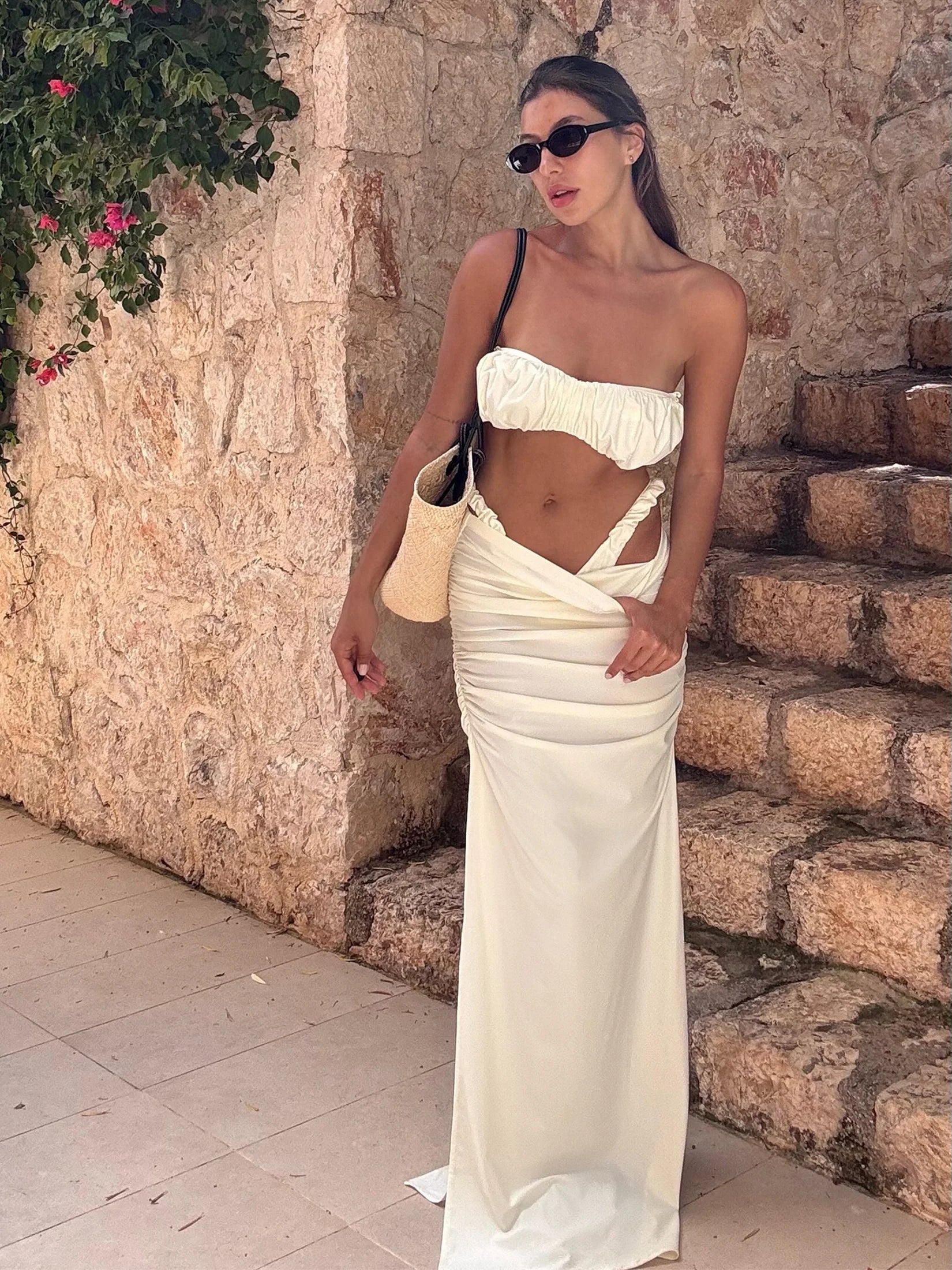 Bikini 3 Pièces à Bandeau Ruché Sans Bretelles Blanc - Ensemble Haute Coupe avec Jupe Maxi de Plage