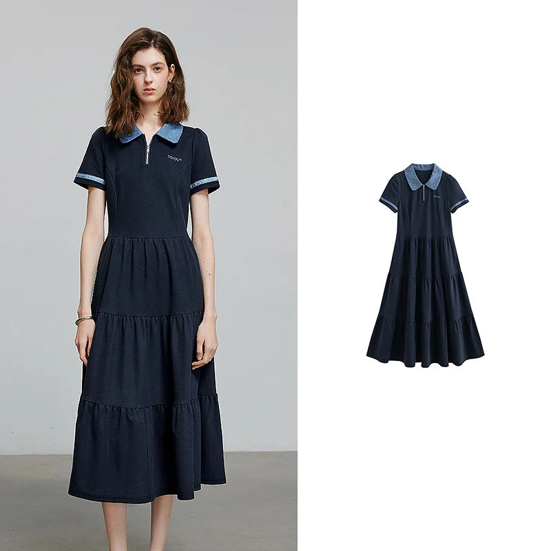 Robe femme mi-mollet été A-Line col chemise brodée motif lettres