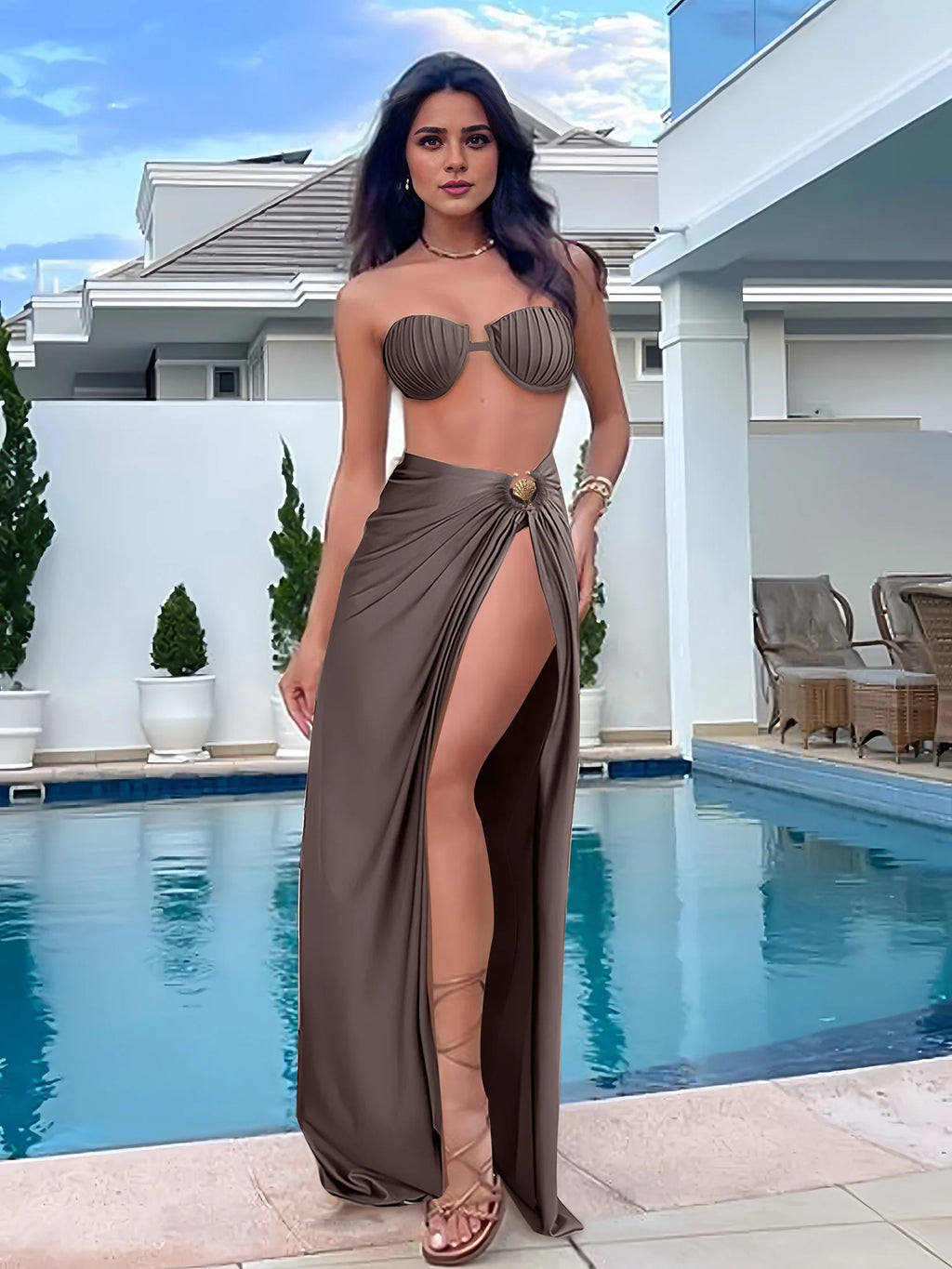 Bikini 3 Pièces Sexy Coquillage avec Jupe Longue et Lacets - Maillot de Bain Femme Brésilien