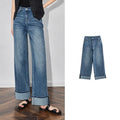 Jean femme coupe droite large avec ourlet retroussé
