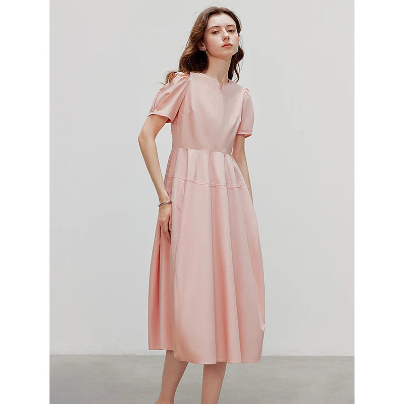 Robe femme mi-mollet été A-Line manches bouffantes col V avec poches