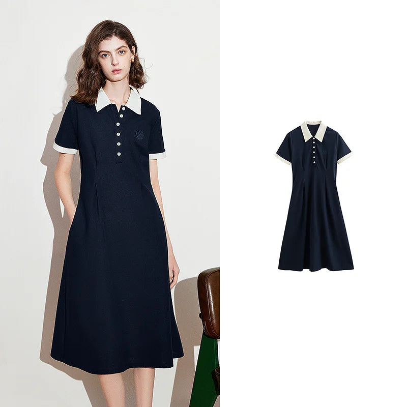 Robe femme mi-mollet droite brodée florale col chemise