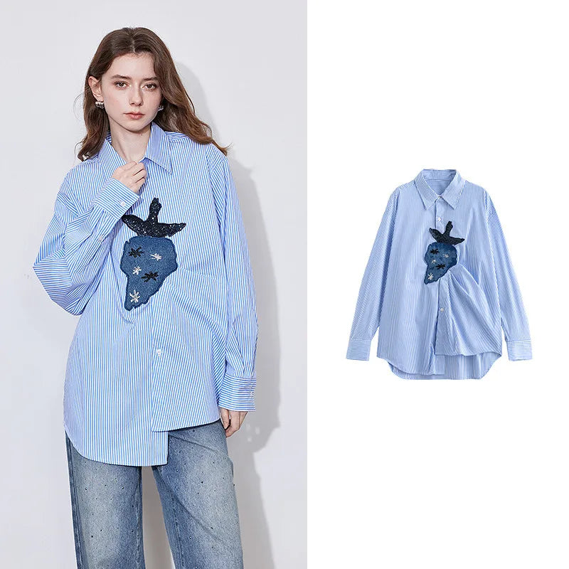 Chemise femme rayée manches longues en coton & spandex