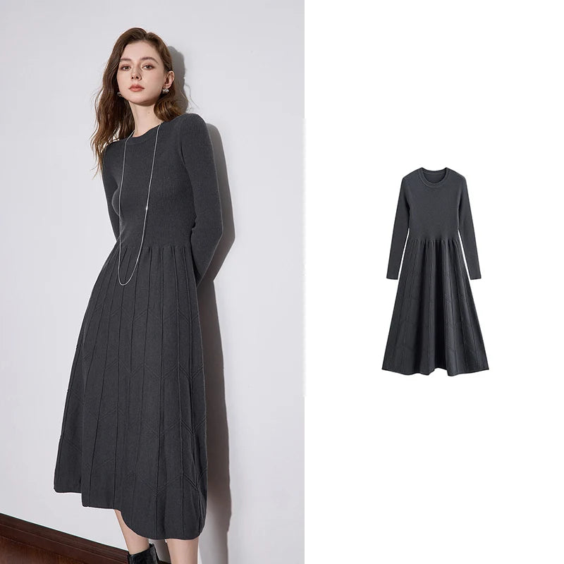 Robe femme mi-mollet hiver A-Line manches longues col rond