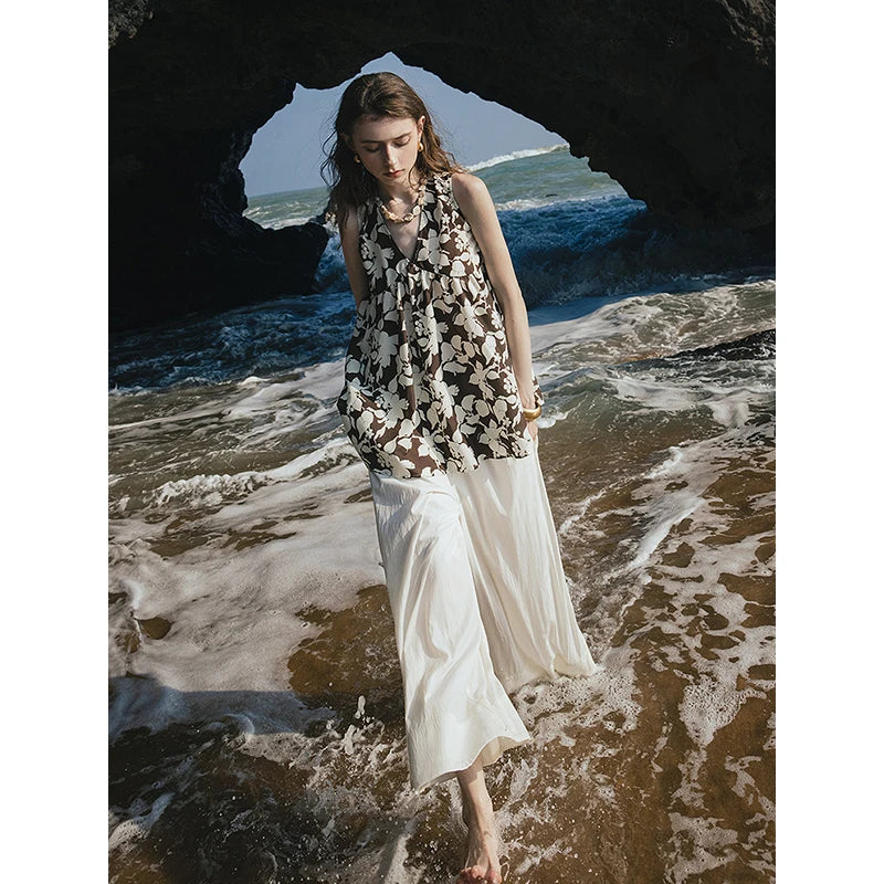 Chemise femme mi-longue sans manches col V patchwork