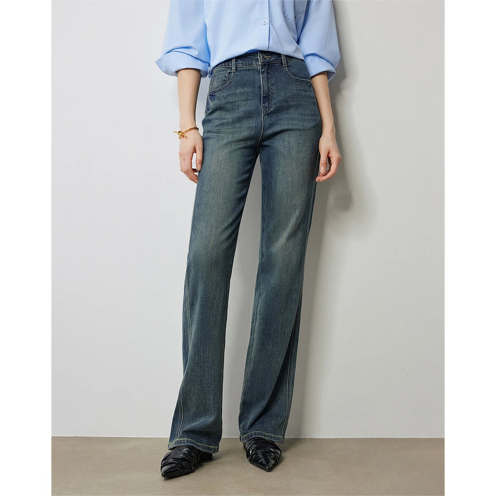 Jean femme taille haute coupe poire délavé longueur longue