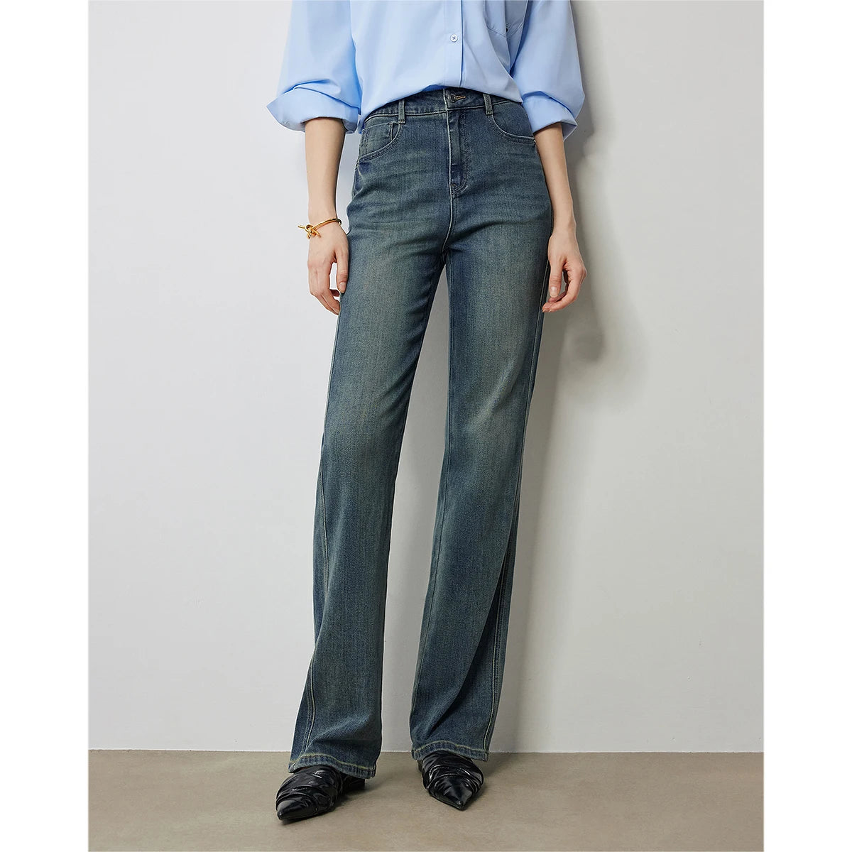 Jean femme taille haute coupe poire délavé longueur longue