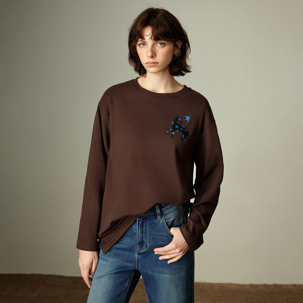 T-shirt Femme Chauffant – Broderie Cheval Mongol, Coupe Loose, Base Layer Confortable