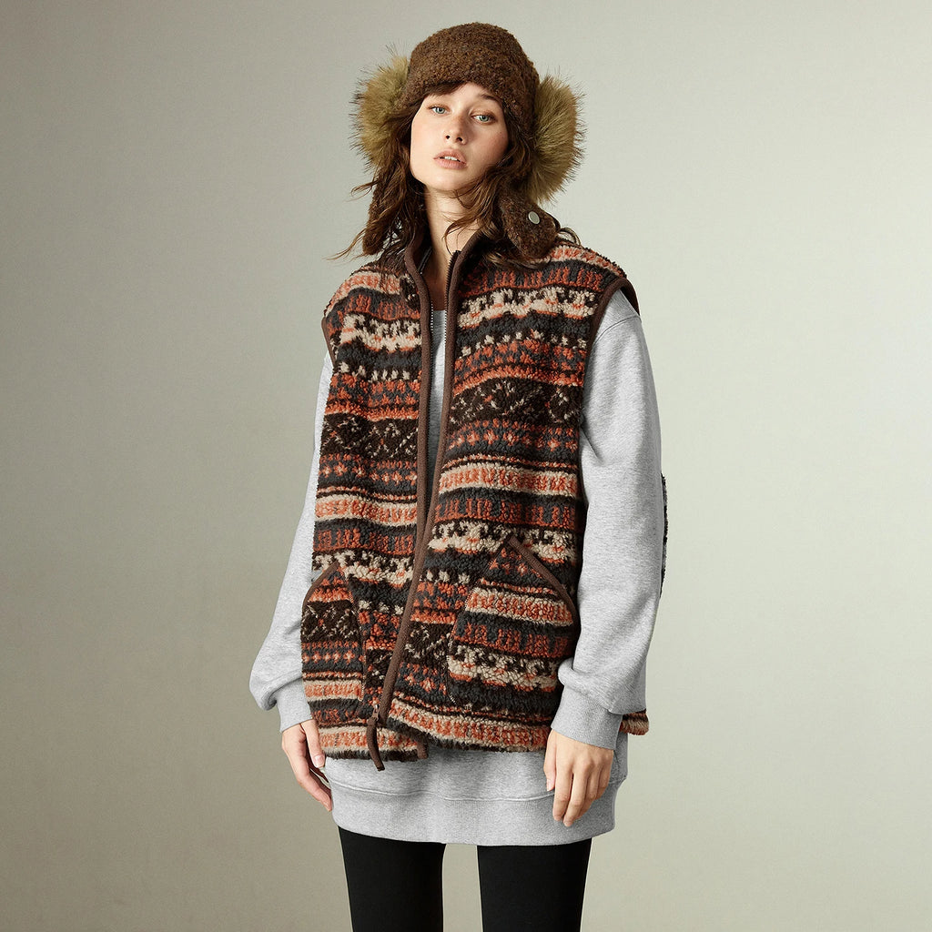 Gilet Femme – Style Nordique, Col Montant, Doublure Fleece Shearling, Coupe Loose