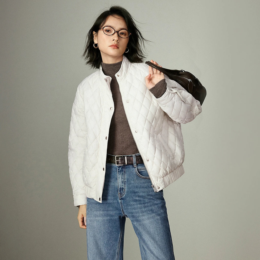 Women's Coat – Denim Effect, Diamond Pattern, Stand Collar