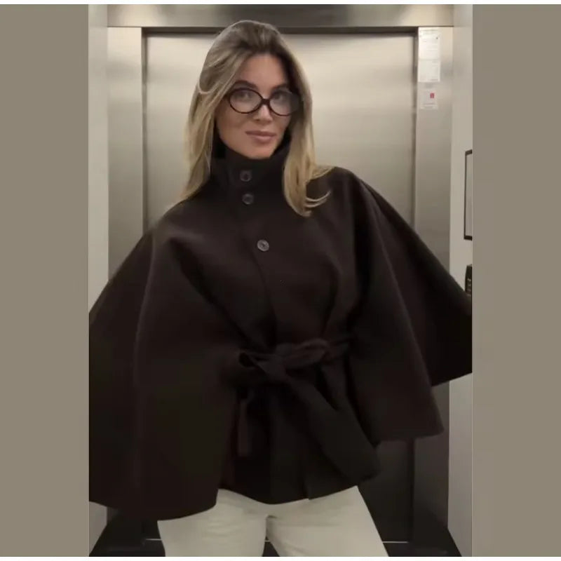 Elegant Short Cape Coat with Belt