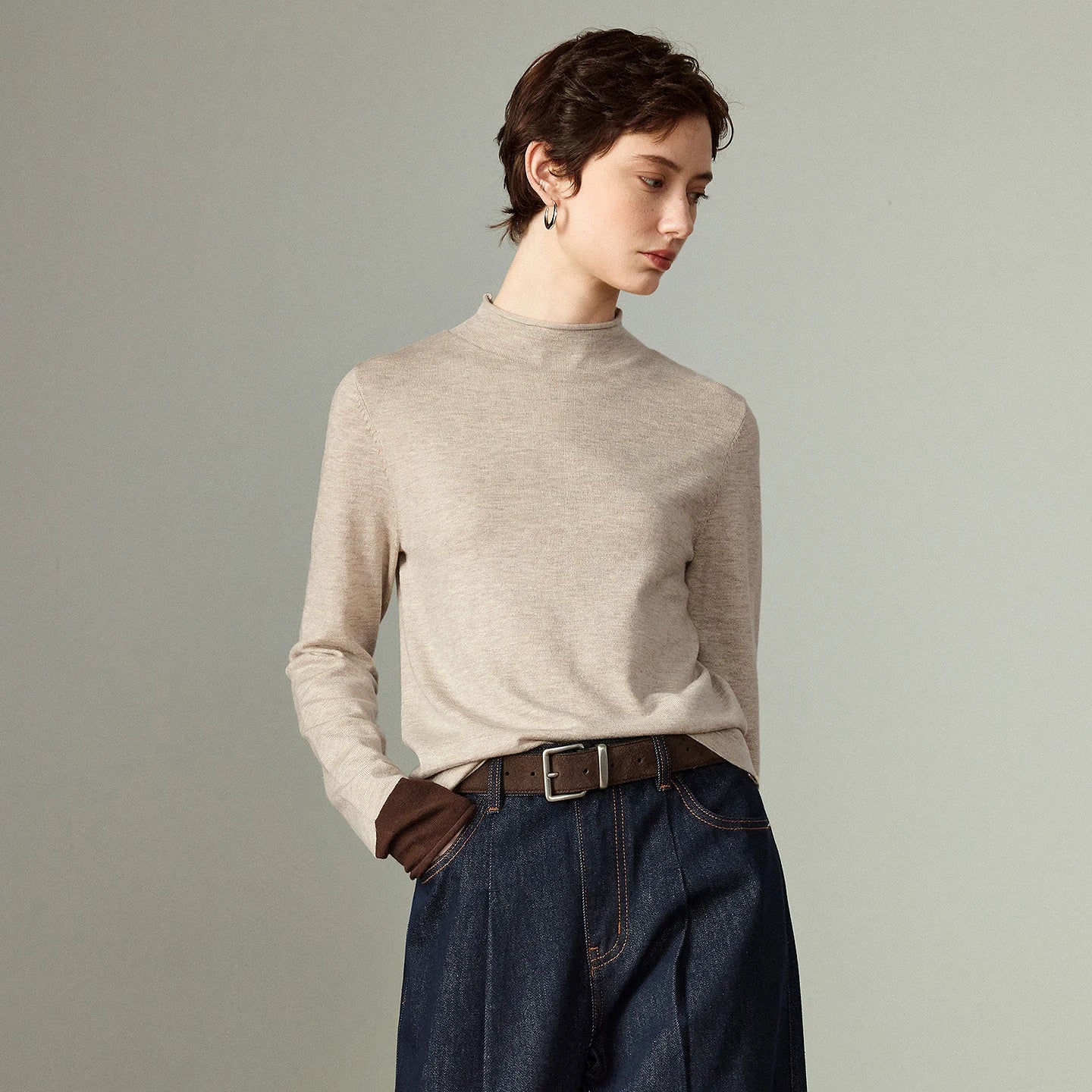 Pull Femme – Col Demi-haut, Coupe Slim, Color-block Ambre, Base Layer Chaud